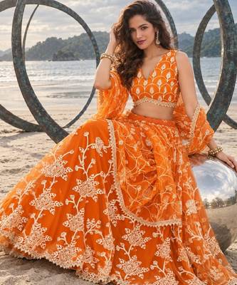 ORANGE NET THREAD WITH ZARI AND SEQUINCE WORK FESTIVE LEHENGA CHOLI SET FOR WOMEN'S 4