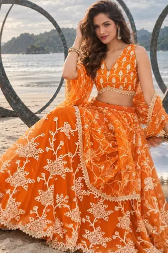 ORANGE NET THREAD WITH ZARI AND SEQUINCE WORK FESTIVE LEHENGA CHOLI SET FOR WOMEN'S