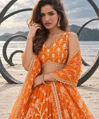 ORANGE NET THREAD WITH ZARI AND SEQUINCE WORK FESTIVE LEHENGA CHOLI SET FOR WOMEN'S 5