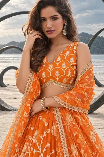 ORANGE NET THREAD WITH ZARI AND SEQUINCE WORK FESTIVE LEHENGA CHOLI SET FOR WOMEN'S
