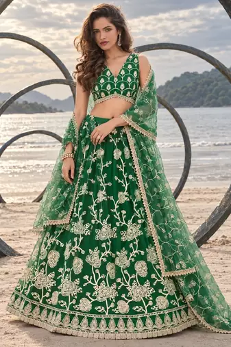GREEN NET THREAD WITH ZARI AND SEQUINCE WORK FESTIVE LEHENGA CHOLI SET FOR WOMEN'S