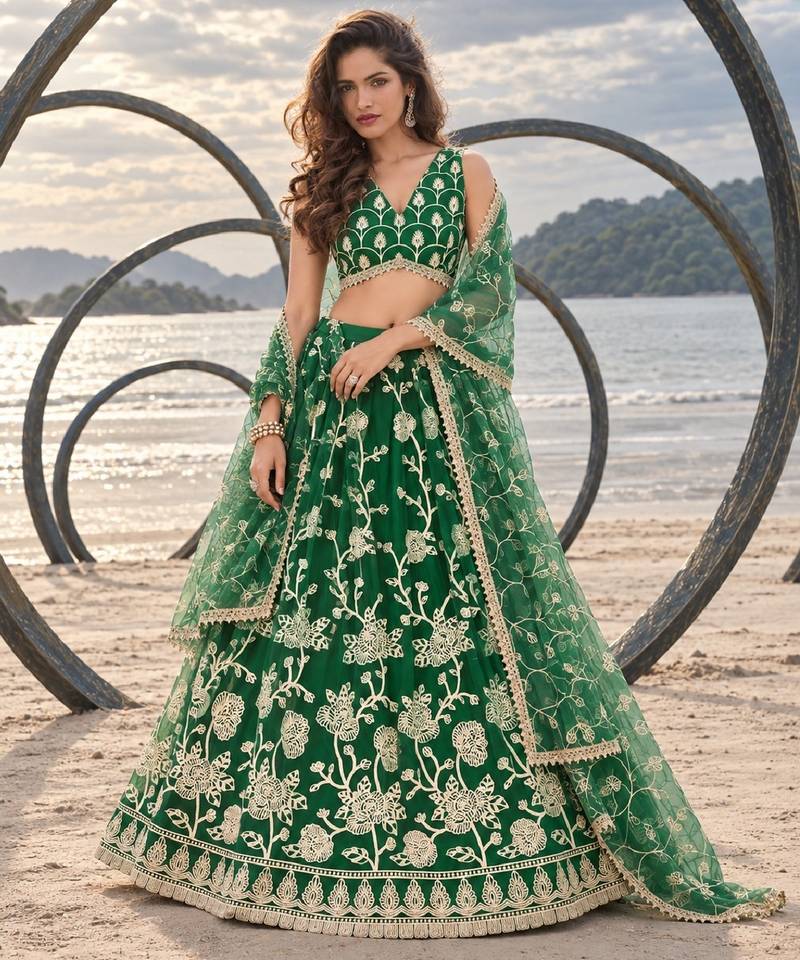 GREEN NET THREAD WITH ZARI AND SEQUINCE WORK FESTIVE LEHENGA CHOLI SET FOR WOMEN'S