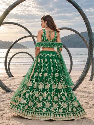 GREEN NET THREAD WITH ZARI AND SEQUINCE WORK FESTIVE LEHENGA CHOLI SET FOR WOMEN'S 2