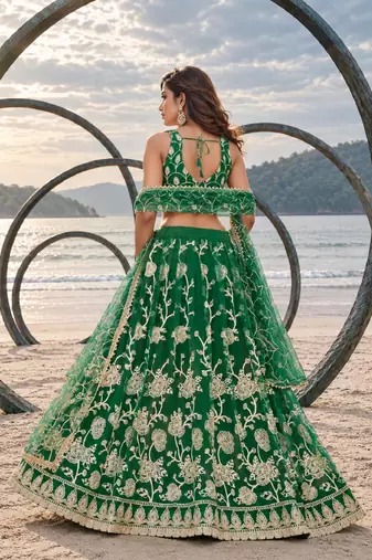 GREEN NET THREAD WITH ZARI AND SEQUINCE WORK FESTIVE LEHENGA CHOLI SET FOR WOMEN'S
