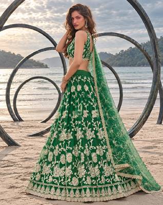 GREEN NET THREAD WITH ZARI AND SEQUINCE WORK FESTIVE LEHENGA CHOLI SET FOR WOMEN'S 3