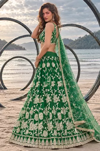 GREEN NET THREAD WITH ZARI AND SEQUINCE WORK FESTIVE LEHENGA CHOLI SET FOR WOMEN'S