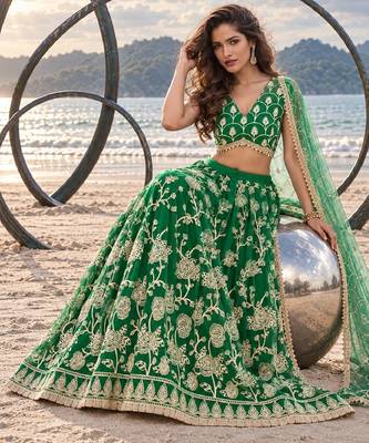 GREEN NET THREAD WITH ZARI AND SEQUINCE WORK FESTIVE LEHENGA CHOLI SET FOR WOMEN'S 4