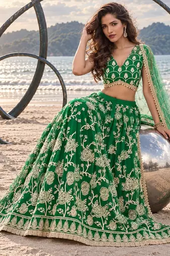 GREEN NET THREAD WITH ZARI AND SEQUINCE WORK FESTIVE LEHENGA CHOLI SET FOR WOMEN'S