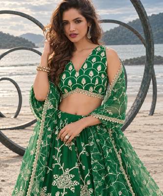 GREEN NET THREAD WITH ZARI AND SEQUINCE WORK FESTIVE LEHENGA CHOLI SET FOR WOMEN'S 5