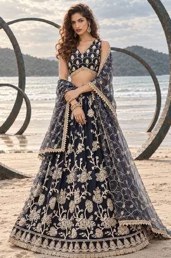 BLACK NET THREAD WITH ZARI AND SEQUINCE WORK FESTIVE LEHENGA CHOLI SET FOR WOMEN'S