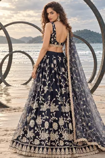 BLACK NET THREAD WITH ZARI AND SEQUINCE WORK FESTIVE LEHENGA CHOLI SET FOR WOMEN'S