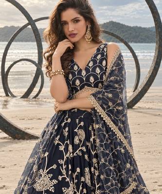 BLACK NET THREAD WITH ZARI AND SEQUINCE WORK FESTIVE LEHENGA CHOLI SET FOR WOMEN'S 5