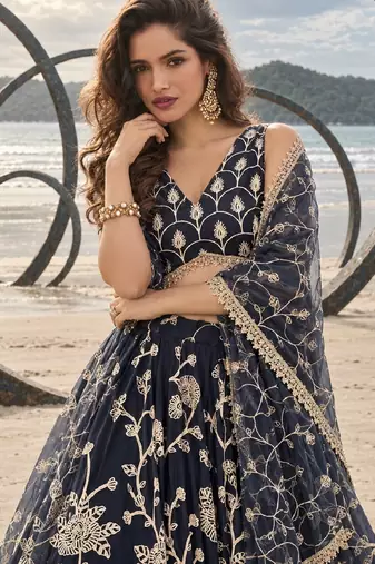 BLACK NET THREAD WITH ZARI AND SEQUINCE WORK FESTIVE LEHENGA CHOLI SET FOR WOMEN'S