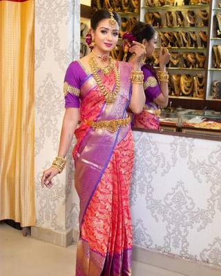 Pink purple silk blend jacuard work festival saree with unstitched blouse piece 1