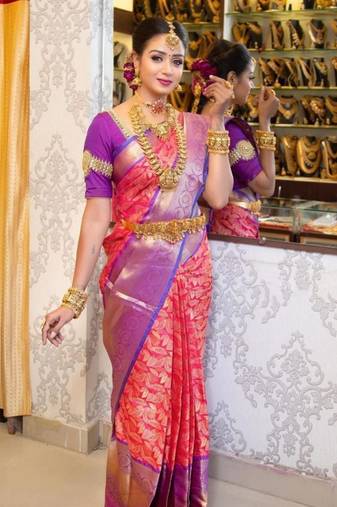 Pink purple silk blend jacuard work festival saree with unstitched blouse piece