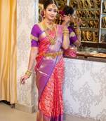 Pink purple silk blend jacuard work festival saree with unstitched blouse piece