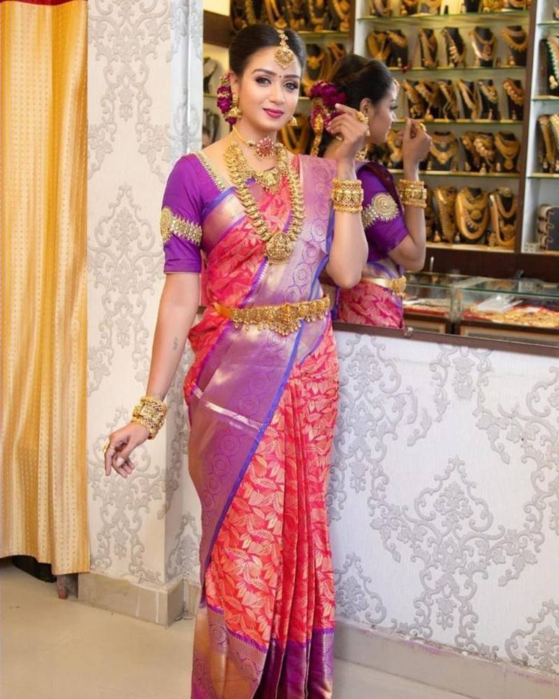 Pink purple silk blend jacuard work festival saree with unstitched blouse piece