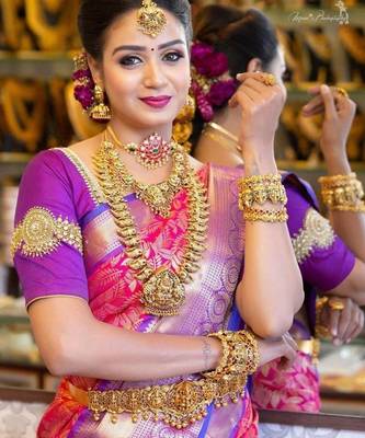 Pink purple silk blend jacuard work festival saree with unstitched blouse piece 2