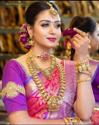 Pink purple silk blend jacuard work festival saree with unstitched blouse piece 4