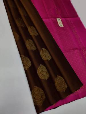 Brown pink silk blend jacuard work festival saree with unstitched blouse piece 1