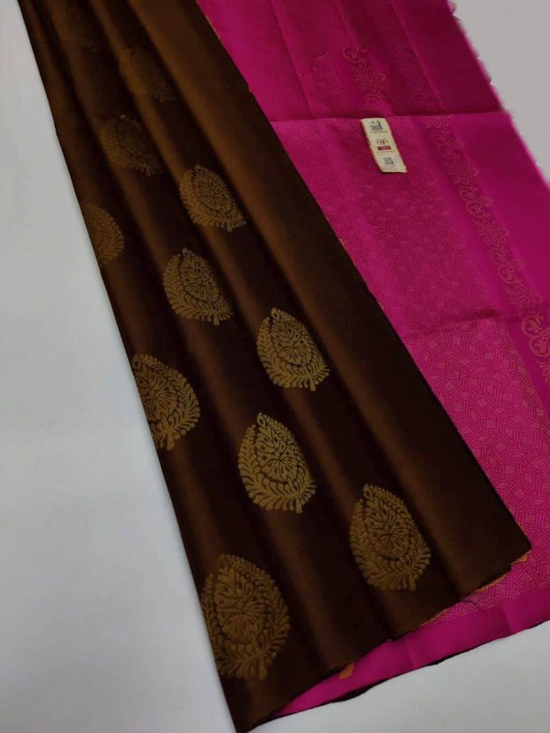 Brown pink silk blend jacuard work festival saree with unstitched blouse piece