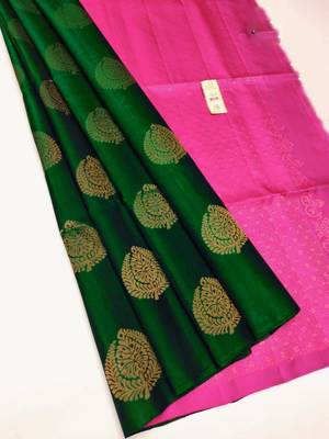 Green pink silk blend jacuard work festival saree with unstitched blouse piece 1