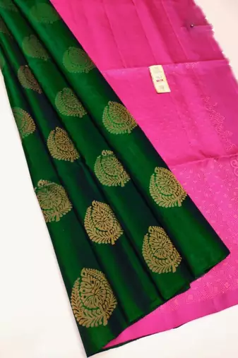 Green pink silk blend jacuard work festival saree with unstitched blouse piece