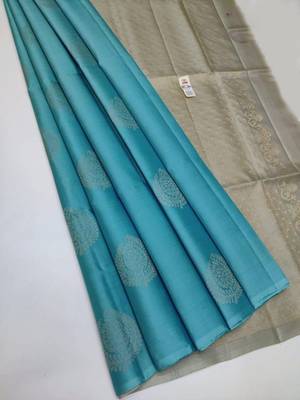 Sky grey silk blend jacuard work festival saree with unstitched blouse piece 1