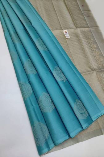 Sky grey silk blend jacuard work festival saree with unstitched blouse piece