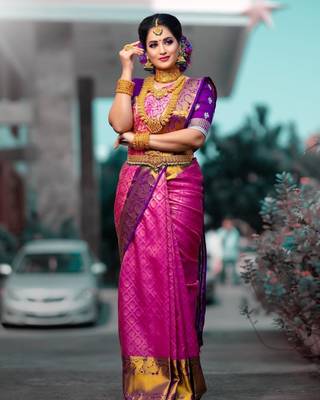 Pink purple silk blend jacuard work festival saree with unstitched blouse piece 1