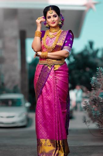 Pink purple silk blend jacuard work festival saree with unstitched blouse piece