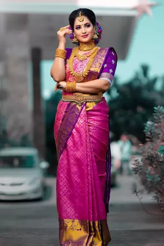 Pink purple silk blend jacuard work festival saree with unstitched blouse piece