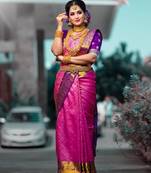 Pink purple silk blend jacuard work festival saree with unstitched blouse piece