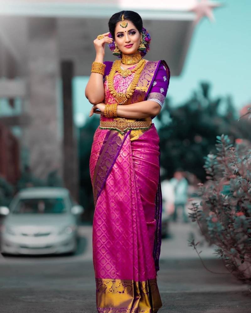 Pink purple silk blend jacuard work festival saree with unstitched blouse piece