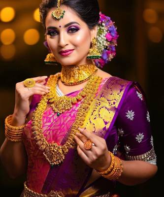 Pink purple silk blend jacuard work festival saree with unstitched blouse piece 2