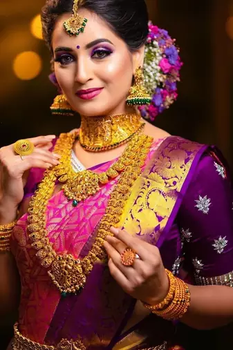 Pink purple silk blend jacuard work festival saree with unstitched blouse piece
