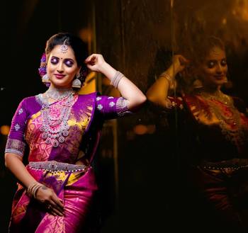 Pink purple silk blend jacuard work festival saree with unstitched blouse piece 3
