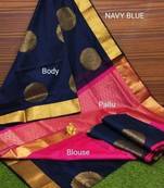 Blue pink silk blend jacuard work festival saree with unstitched blouse piece