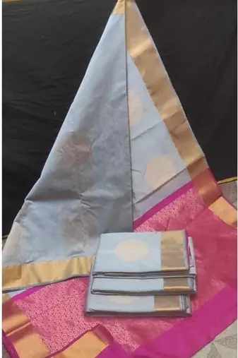 Grey pink silk blend jacuard work festival saree with unstitched blouse piece