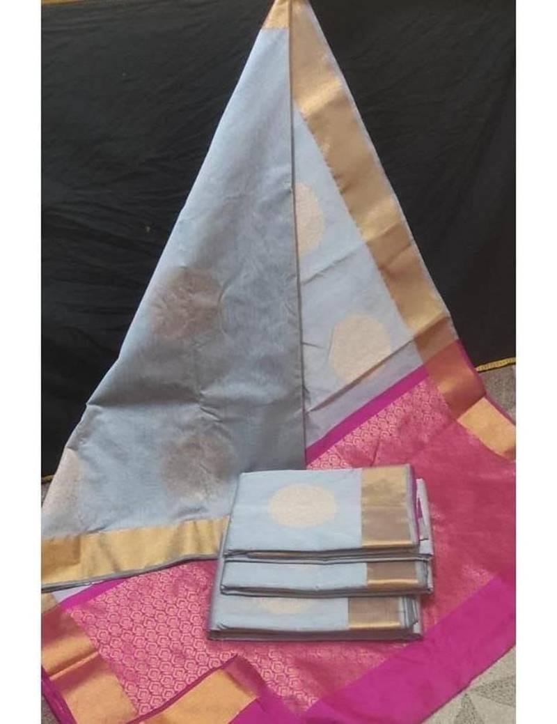 Grey pink silk blend jacuard work festival saree with unstitched blouse piece