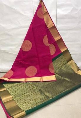 Pink green silk blend jacuard work festival saree with unstitched blouse piece 1