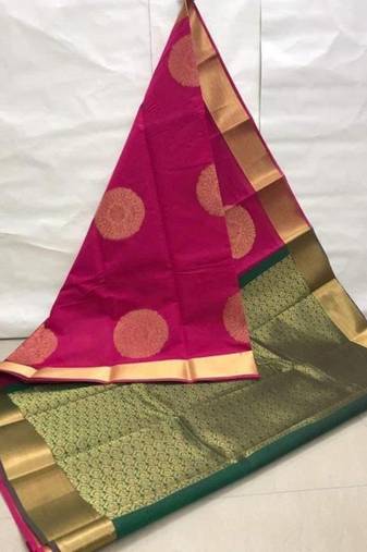 Pink green silk blend jacuard work festival saree with unstitched blouse piece