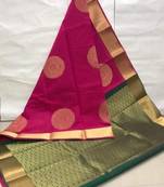 Pink green silk blend jacuard work festival saree with unstitched blouse piece