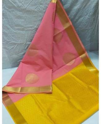 Pink yellow silk blend jacuard work festival saree with unstitched blouse piece 1