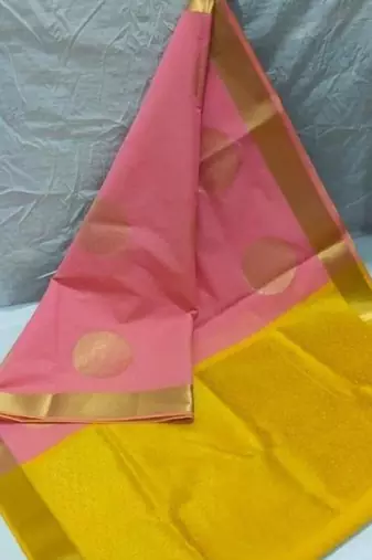 Pink yellow silk blend jacuard work festival saree with unstitched blouse piece