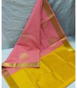 Pink yellow silk blend jacuard work festival saree with unstitched blouse piece