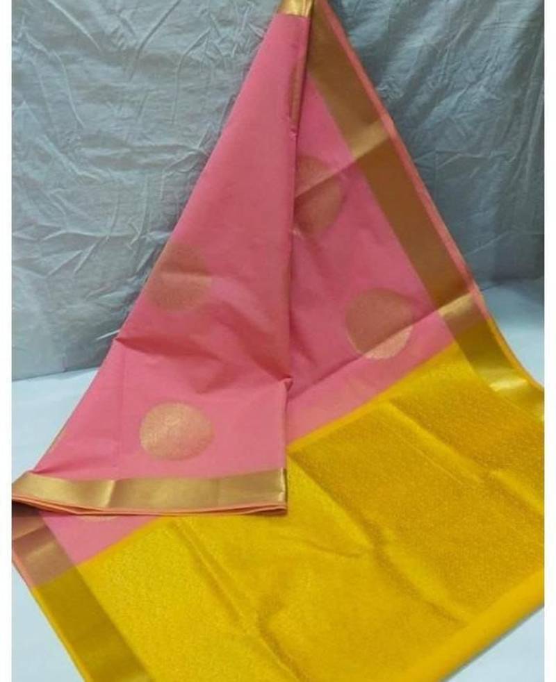 Pink yellow silk blend jacuard work festival saree with unstitched blouse piece