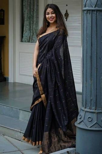 Black green linen jacuard work festival saree with unstitched blouse piece