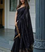 Black green linen jacuard work festival saree with unstitched blouse piece