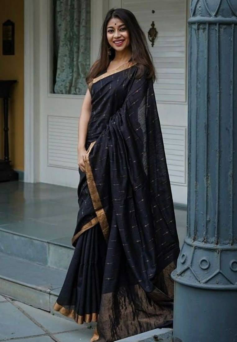 Black green linen jacuard work festival saree with unstitched blouse piece